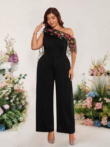 Cravure Plus Size Women's Patchwork Mesh Embroidered Shawl Elegant Jumpsuit - Multicolor - View 4