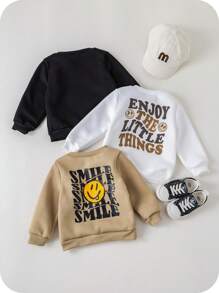 SHEIN 3 Stücke Baby Jungen Allround Pullover Sweatshirts mit süßem Cartoon Gesichtsmuster in Schwarz, Weiß und Beige, geeignet für Frühling, Herbst und Winter