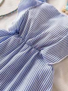 Girls' Ruffled Backless Bowknot Striped Romper, Casual Summer Vacation Beach Outfit - Blue - View 4