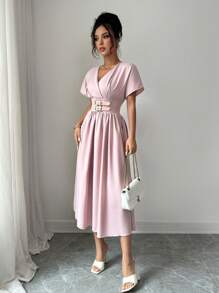 Modelyn Đầm midi tay ngắn cổ chữ V màu trơn thanh lịch cho nữ - Hồng - Xem 4