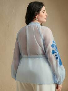 Anewsta 女士加大码刺绣系腰衬衫，优雅通勤休闲上衣