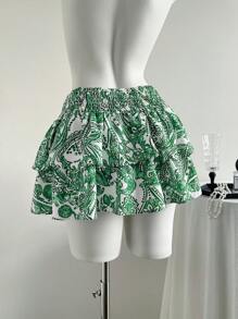 Elamini Falda elástica de cintura estampado integral estilo bohemio, de verano - Verde - Ver 2
