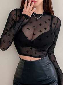 DAZY 图案印花立领短款网眼上衣（不含胸罩）外出上衣节日透明长袖女式上衣，秋季女装 - 黑色 - 查看 1