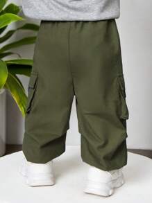 SHEIN Leap Crew 男嬰工作服風格素色錐形腿長褲帶3D口袋 - 軍綠色 - 查看 2