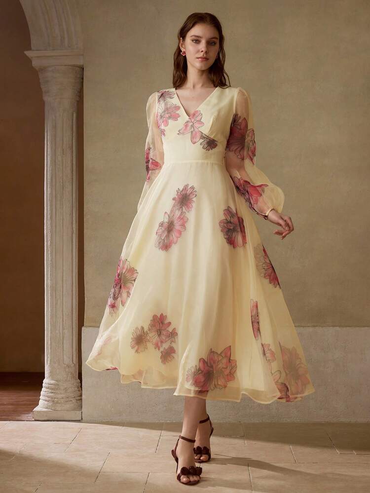 FLORAL PRINT CONTRAST MESH DRESS