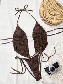 Swim SXY Bộ bikini tam giác buộc dây hở lưng bằng vải jacquard màu trơn mùa hè cho nữ, đồ đi biển gợi cảm dễ thương - Cà phê nâu - Xem 3