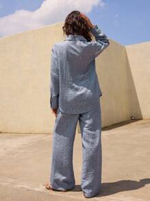 DAZY 2 piezas Conjunto casual de pantalón largo y camisa de manga larga de unicolor para mujer, primavera y verano