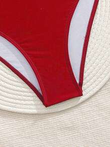 SHEIN Swim 女士夏季纯色泳装短裤，适合休闲度假、派对、海滩 - 紅色 - 查看 4