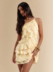 SHEIN BAE Vestido mini de unicolor melocotón con hojas de loto en capas, apto para uso diario, salidas nocturnas, discotecas, fiestas, reuniones, fiestas de cóctel, fiestas de piscina, ropa de vuelta al colegio, vestidos de temporada escolar, vestidos de vacaciones, ropa de festivales de música, ropa de festivales de música country, ropa de conciertos, vestido amarillo mantequilla - Amarillo - Ver 7