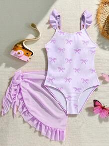 SHEIN 女童可爱蝴蝶结印花肩带荷叶边连体泳衣，带裙摆，适合夏季游泳、度假、海滩 - 紫色 - 查看 3