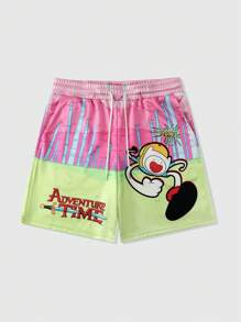 ROMWE MEN Adventure Time X ROMWE 男士休闲街头卡通字母印花抽绳腰部宽松短裤，夏季 - 彩色 - 查看 1