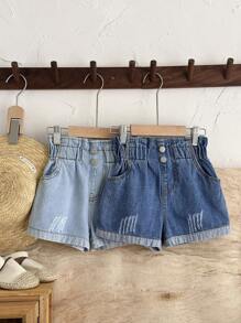 SHEIN 年轻女孩一条深蓝色和可爱的浅蓝色牛仔荷叶边腰合身短裤，春夏休闲度假乡村波西米亚风装 - 淺色水洗藍 - 查看 5