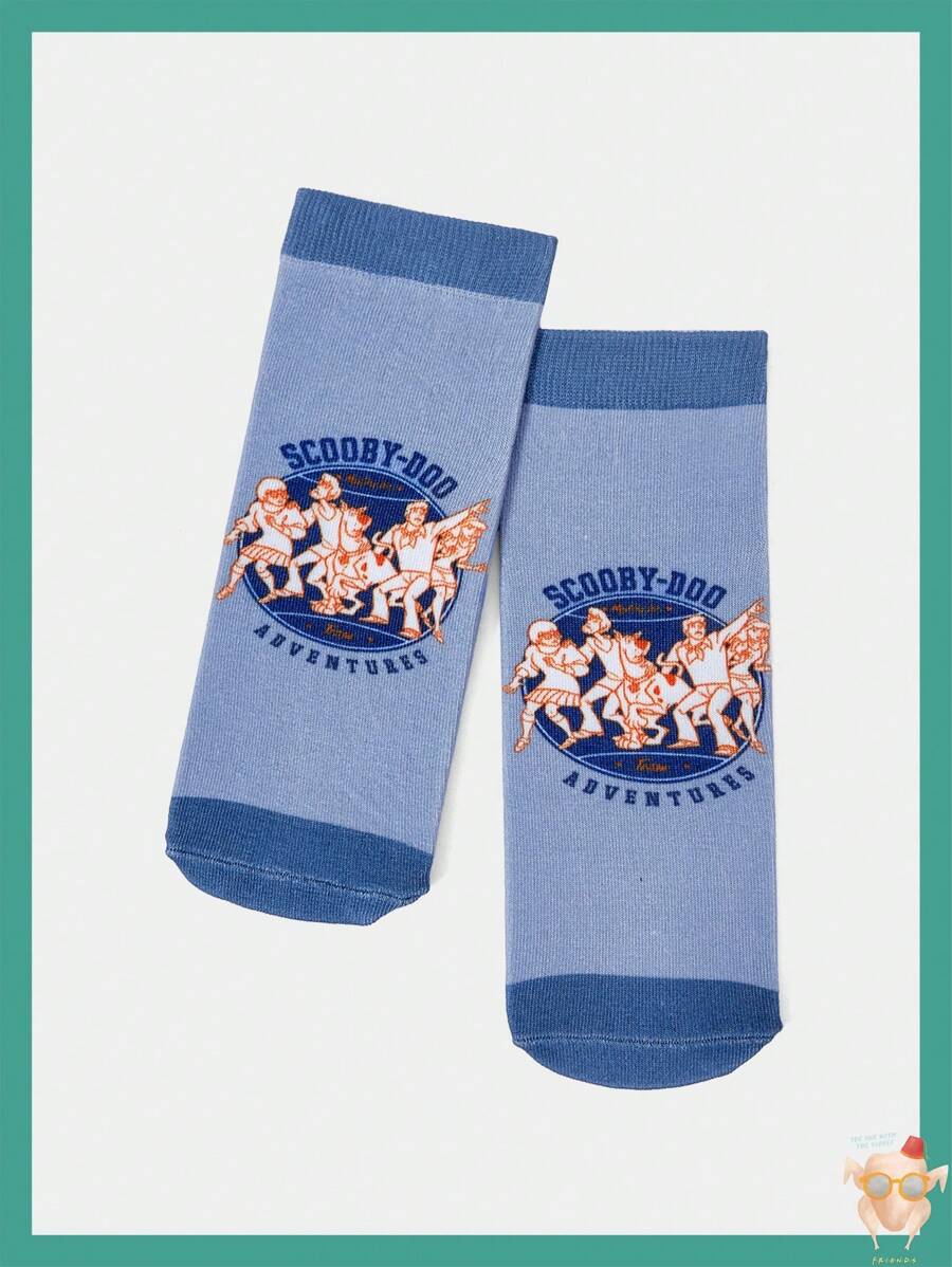 SCOOBY-DOO X SHEIN Retro Blue Round Bottom Adventure Letter Socks - Mouldless - View 1