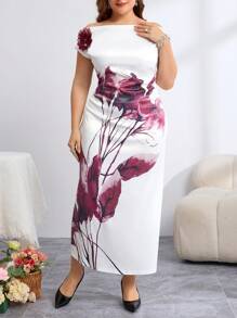 SHEIN Clasi Plus Size Women Elegant And Romantic 3D Flower Decoration On Shoulders, One-Shoulder Satin Floral Bodycon Fitted Elegant Dress,Wedding Guest Dress Women,Summer,Satin Dress,Suitable For Summer
