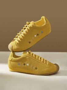 CUCCOO EASI 女士刺绣圆头平底休闲运动鞋，透气仿麂皮黄色日常室内/室外运动鞋 - 黃色 - 查看 4