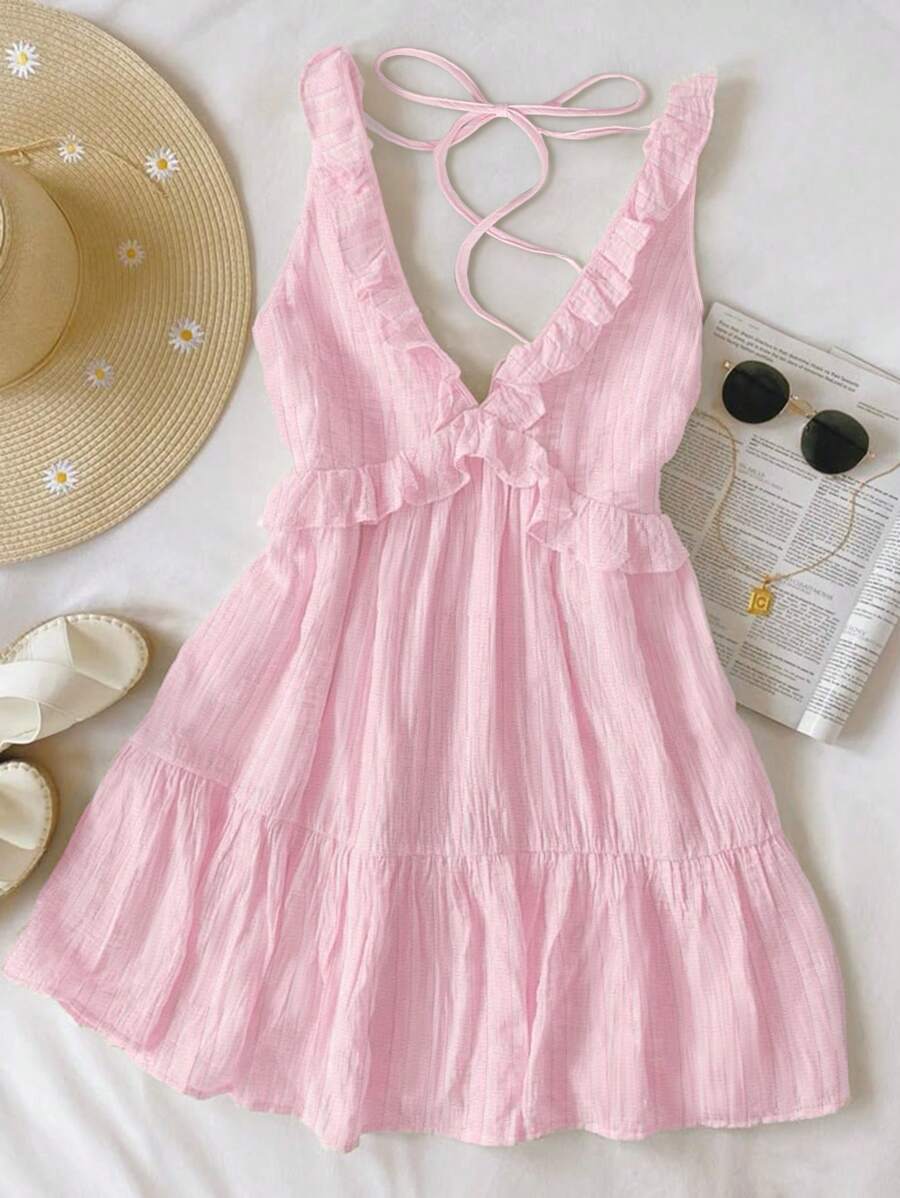 Arcane Artistry Women's Ruffle Strap Mini Dress, Pale Yellow Casual Minimalist Style, Suitable For Summer Vacation - Baby Pink - View 1