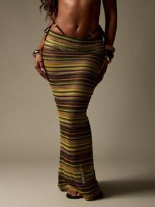 MISSGUIDED Váy Maxi Bohemian Crochet Đan Phong Cách Lễ Hội Xẻ Tà Bãi Biển Nghỉ Mát Mùa Hè Họa Tiết Sọc Váy Dài Che Phủ - Màu vàng - Xem 3