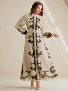 Anewsta 长袖节日束腰灯笼花卉印花休闲优雅女式连衣裙