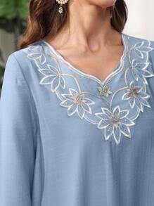 SHEIN Najma 圆领荷叶刺绣荷叶边连衣裙（配头巾） - 藍色 - 查看 5