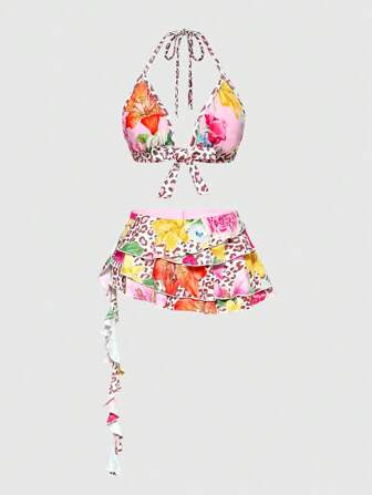 ROMWE Avant Top de bikini escotado y mini falda de talle bajo en 2 piezas con estampado floral y de leopardo de inspiración tropical Y2K para mujeres