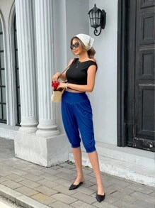 Pariaura 女士纯色高腰褶皱休闲七分裤，适合夏季大学生穿着 - 寶藍色 - 查看 6