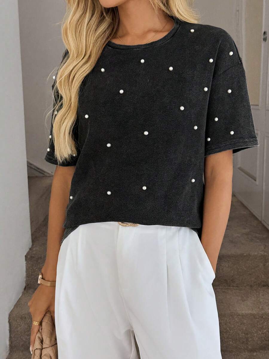 Easowa Faux Pearl Studded Round Neck Slouchy T-Shirt - Black - View 1