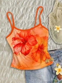 SHEIN EZwear Camiseta de tirantes de estilo vintage casual/vacacional, sexy y linda, con estampado de flor de hibisco naranja en efecto tie-dye, diseño gráfico con acuarela floral y cocotero, estilo bohemio y adecuada para el verano