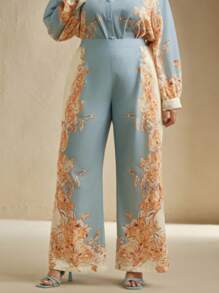Anewsta Plus Size Women Casual Vacation Blue Printed Long Pants - Baby Blue - View 3