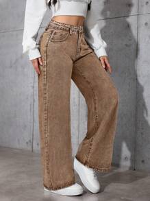 SHEIN PETITE 女式口袋设计宽腿宽松休闲百搭牛仔裤