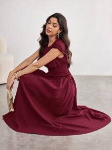 Modelyn Women's Elegant Long Dress With Ruched Design, Fashion Flair Flared Hem, Spring/Summer - Red Violet - View 5