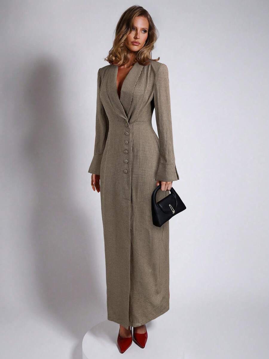 COSMINA 女士优雅喇叭袖收腰连衣裙，秋冬，商务休闲女装，女士工作服，外出服 - 咖啡 - 查看 1