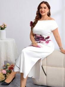 SHEIN Clasi Plus Size Women Elegant And Romantic 3D Flower Decoration On Shoulders, One-Shoulder Satin Floral Bodycon Fitted Elegant Dress,Wedding Guest Dress Women,Summer,Satin Dress,Suitable For Summer