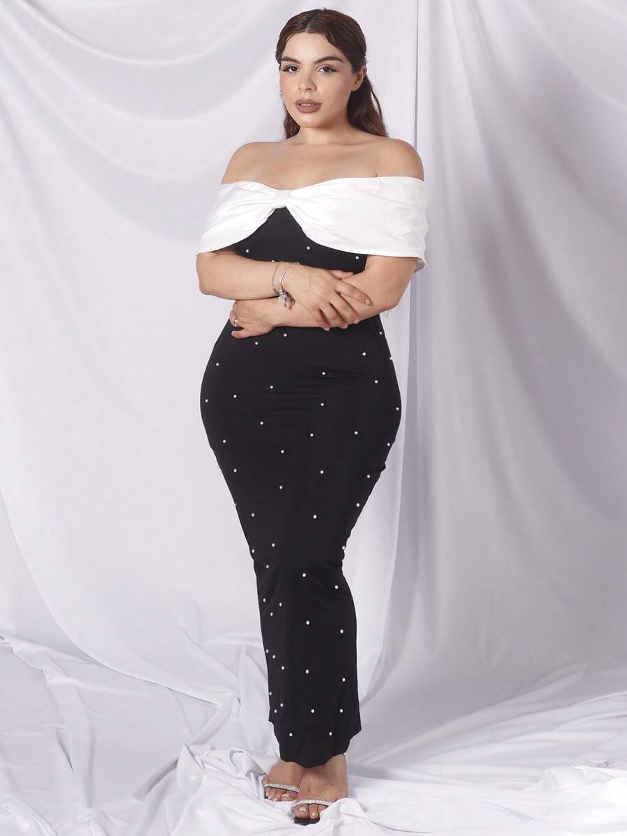 Lupita Cardoza 女士撞色露肩珍珠装饰紧身优雅连衣裙 - 黑色 - 查看 1