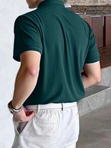 Manfinity Homme Áo thun polo tay ngắn thời trang đa năng, màu trơn cho nam, áo thun polo gân mùa hè cho nam, áo thun công sở thường ngày - Màu xanh lá cây đậm - Xem 2