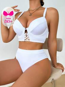 Swim DD+ 女士纯色高腰三角裤比基尼套装（带钢圈） - 白色 - 查看 6