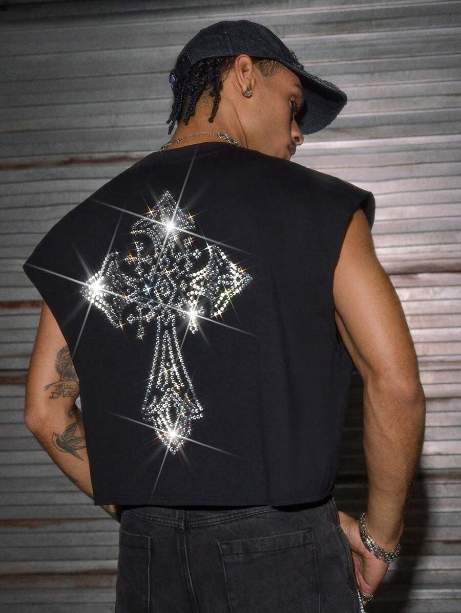 AXEPEAK Men's Round Neck Thermal Underwear Tank Top With Rhinestone Detail, 2000s Style, Fall/Winter - Black - View 1