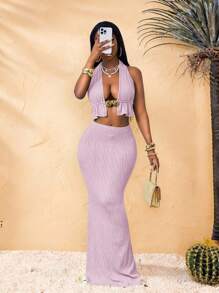 BamGleam 女士纹理金属镂空露背短款上衣和半身裙套装 - 粉色 - 查看 3