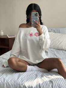SHEIN EZwear 女士休闲露肩宽松长袖运动衫，海星印花，芙蓉印花，贝壳印花 - 白色 - 查看 4