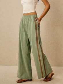 Poéselle 女式松紧腰刺绣口袋休闲阔腿裤