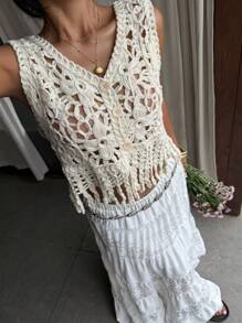 SHEIN EZwear New Women's Light Hand-Crocheted Cardigan, Apricot Color, Suitable For Seaside Vacation, Comfortable And Versatile Summer Fashion Items