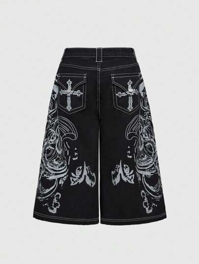 Grunge Punk Women's Retro Y2K Cyberpunk Graphic Print Super Low Waist & Loose Fit Denim Knee Length Shorts