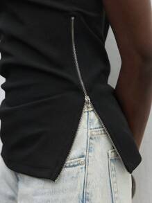 Maija 1pc Women Sleeveless Solid Black Side Zip Crop Top With Split Hem