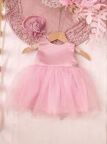 SHEIN 2 件套新生儿女童珍珠风格连衣裙配玫瑰花头带婴儿拍照服装婴儿 1 个月 100 天拍照服装