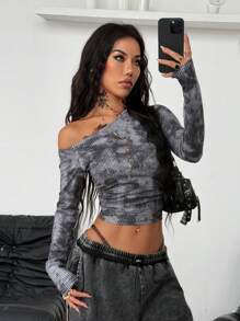 Coolane Women's Daily Wear Back To School Essentials Knit Stretchy Comfy Asymmetrical Neck Long Sleeve Tops Off The Shoulder Top - Black and White - View 4