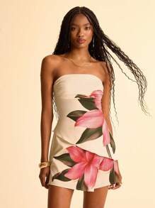 CAJUNI Blusa ajustada y sexy con pliegues, bajo asimétrico, estampado floral rosa sobre fondo albaricoque, adecuada para fecha, picnic, vuelta al colegio.