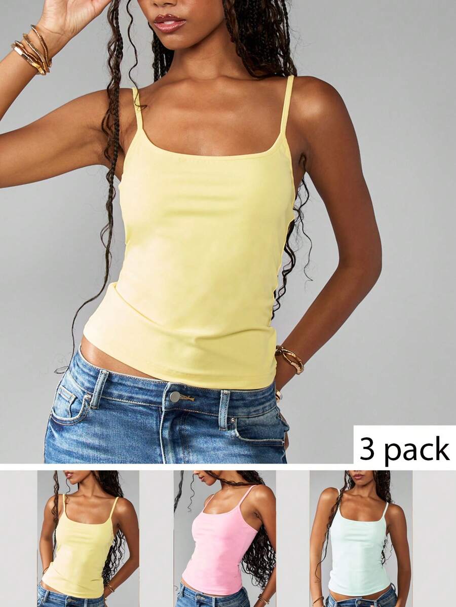 MISSGUIDED Essential Basic Cami Tank Tops Multipack Summer Layering Undershirt Adjustable Spaghetti Strap Camisole Three Pack Bundle - Multicolor - View 1