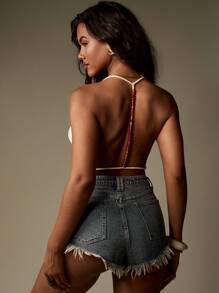 MISSGUIDED 串珠装饰针织挂脖背心夏季节日短款上衣波西米亚风海滩度假围脖领毛衣背心 - 黃色 - 查看 2