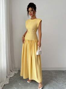 Elenzga Vestido elegante y romántico de fibra de bambú para mujeres con detalles impresos, adecuado para la playa, la fiesta del té y el estilo del Medio Oriente - Amarillo - Ver 3