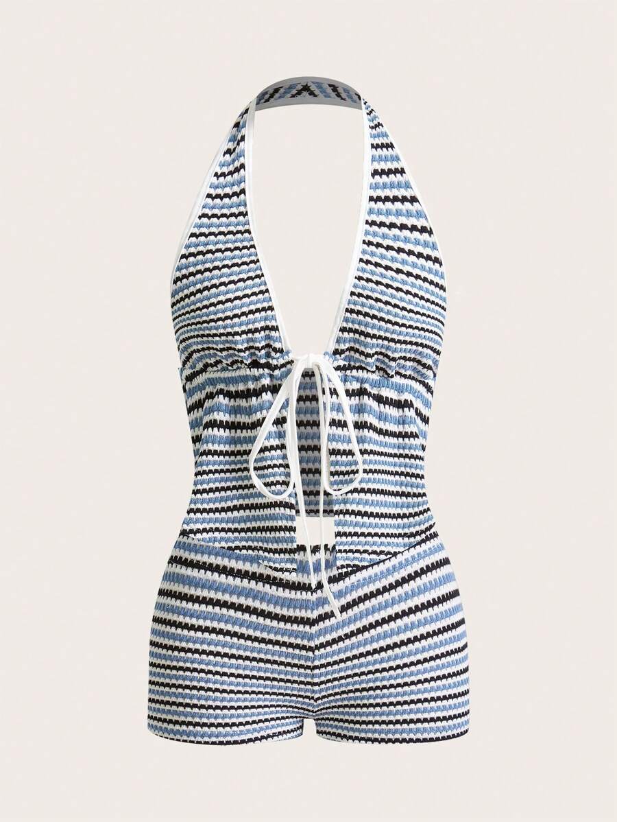 Amplova Deep V-Neck Halter Backless Tie Waist Striped Mini Shorts 2 Pieces Set - Blue - View 1