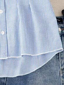 SHEIN Striped Button Front Short Sleeve Casual Shirt, Lantern Sleeve, Bowknot Ruched Waist A-Line Flattering Style, Suitable For Teen Girls, Commuting And Vacation In Summer Blue And White Striped Shirt Girls Blue Striped Shirt Teen Girl Summer Shirt